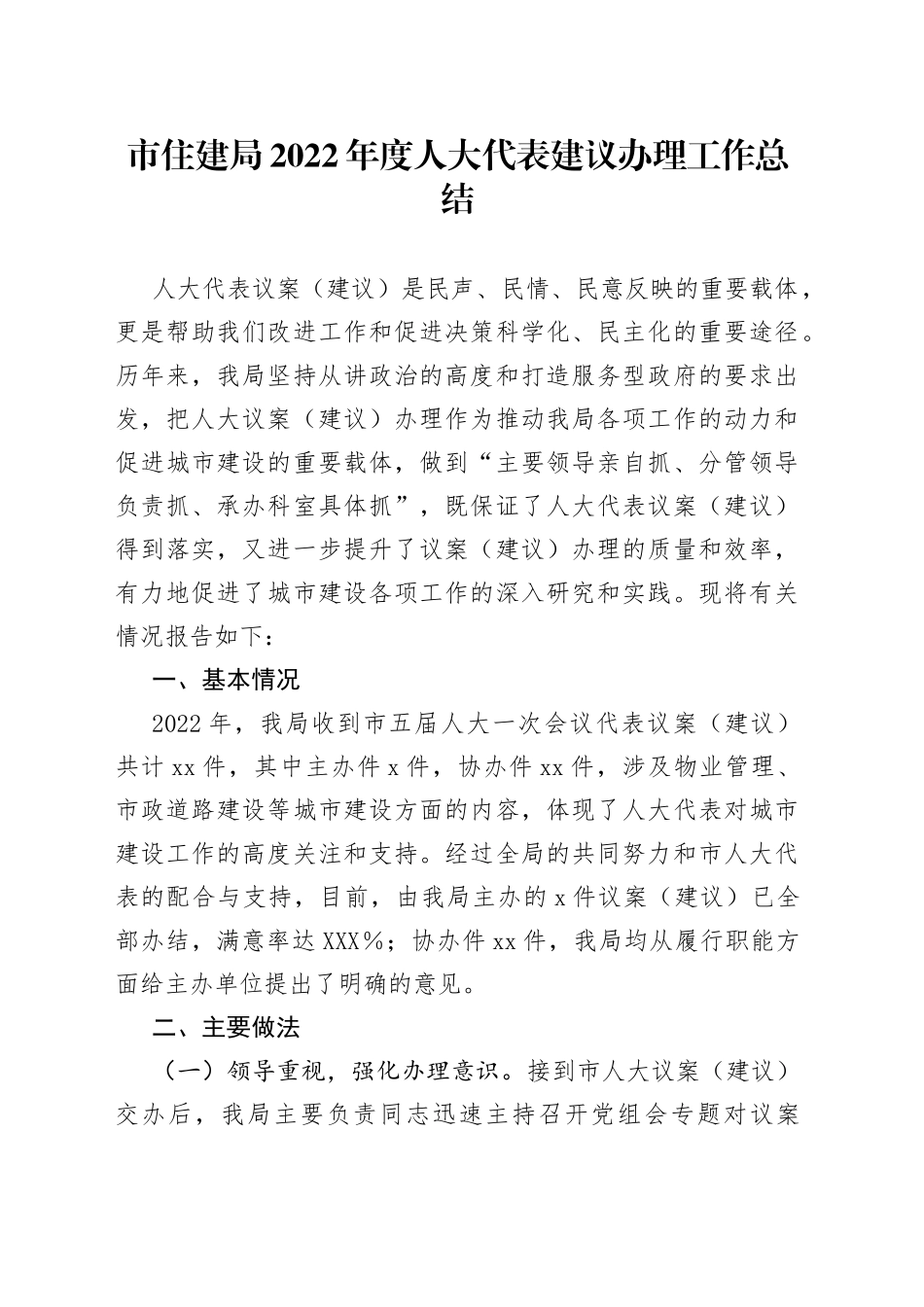 市住建局2022年度人大代表建议办理工作总结926_第1页