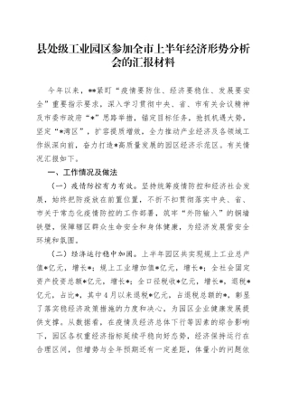 县处级工业园区参加全市上半年经济形势分析会的汇报材料