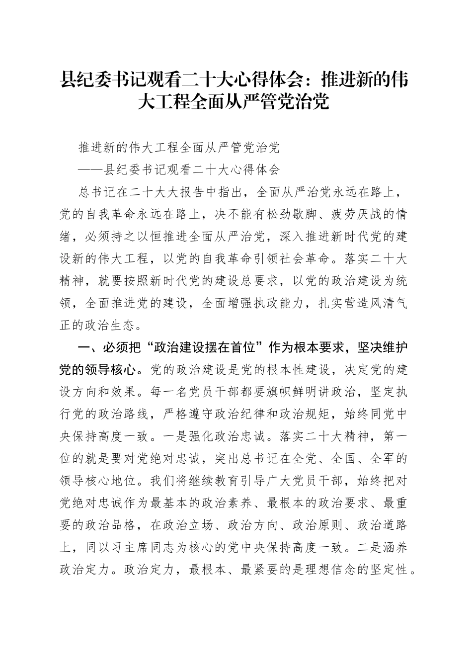 县纪委书记观看二十大心得体会：推进新的伟大工程全面从严管党治党_第1页
