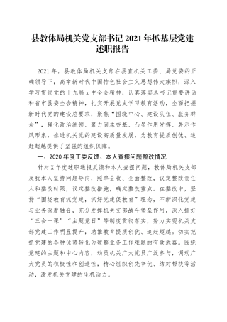 县教体局机关党支部书记2021年抓基层党建述职报告