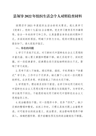 县领导2022年组织生活会个人对照检查材料