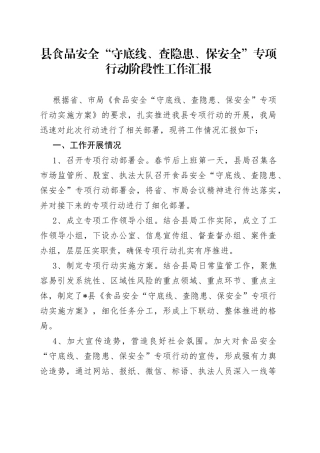 县食品安全“守底线、查隐患、保安全”专项行动阶段性工作汇报