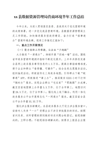 县数据资源管理局营商环境半年工作总结