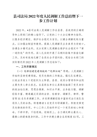 县司法局2022年度人民调解工作总结暨下一步工作计划
