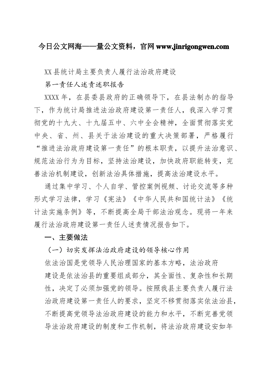 县统计局主要负责人履行法治政府建设第一责任人述责述职报告（20221111）93_1_第1页