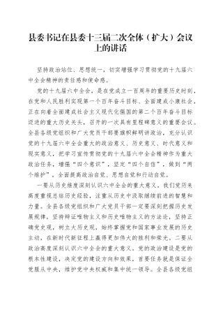 县委书记在县委十三届二次全体（扩大）会议上的讲话