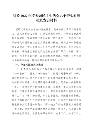 县长2022年度专题民主生活会六个带头对照检查发言材料28