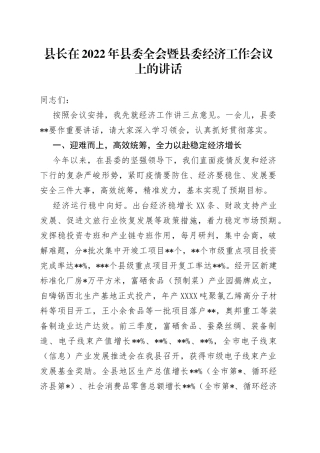 县长在2022年县委全会暨县委经济工作会议上的讲话42