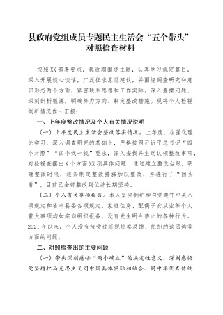 县政府党组成员专题民主生活会“五个带头”对照检查材料