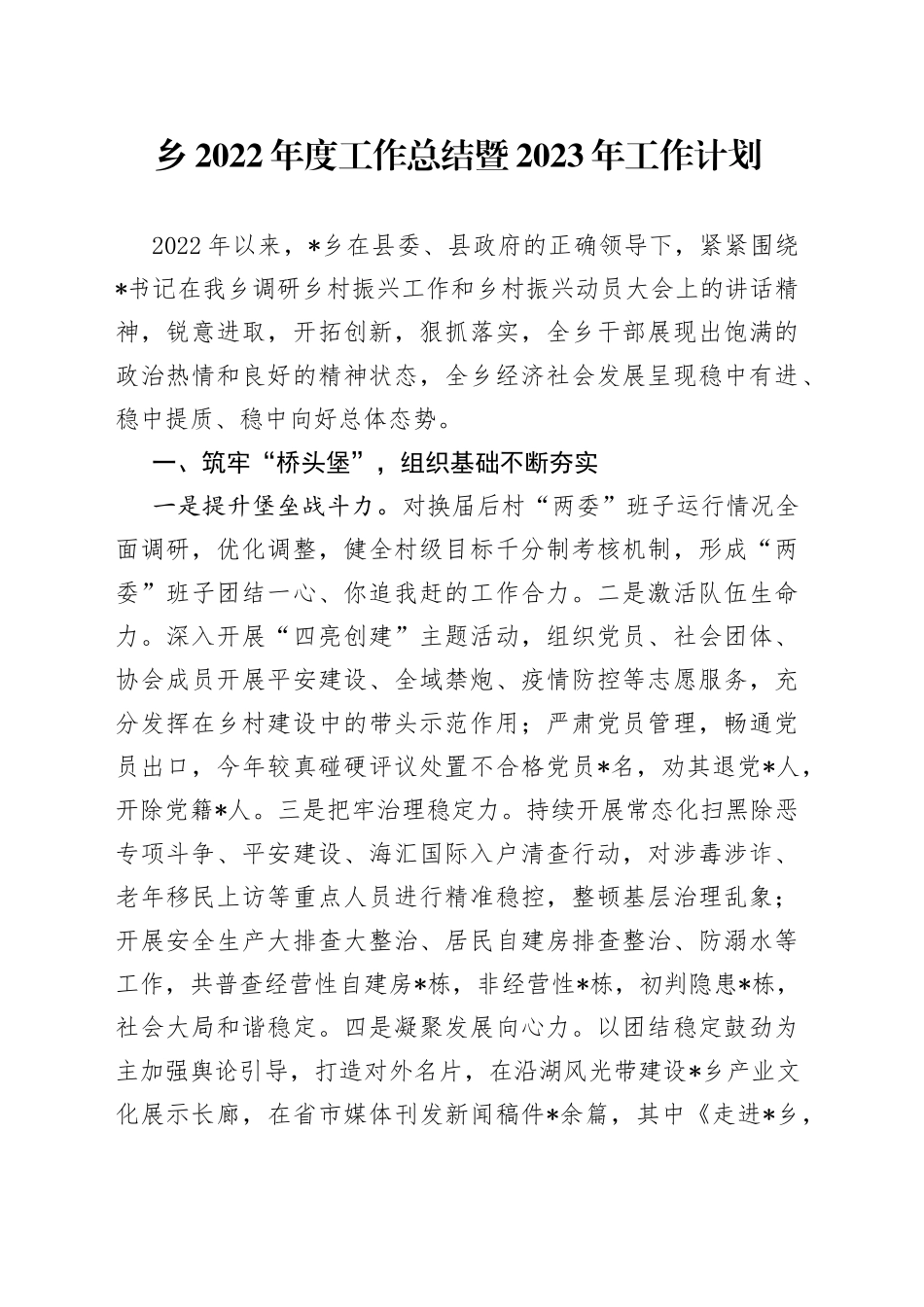 乡2022年度工作总结暨2023年工作计划3448_第1页