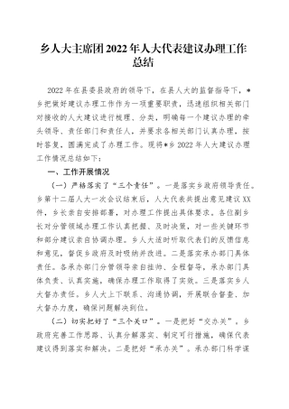 乡人大主席团2022年人大代表建议办理工作总结