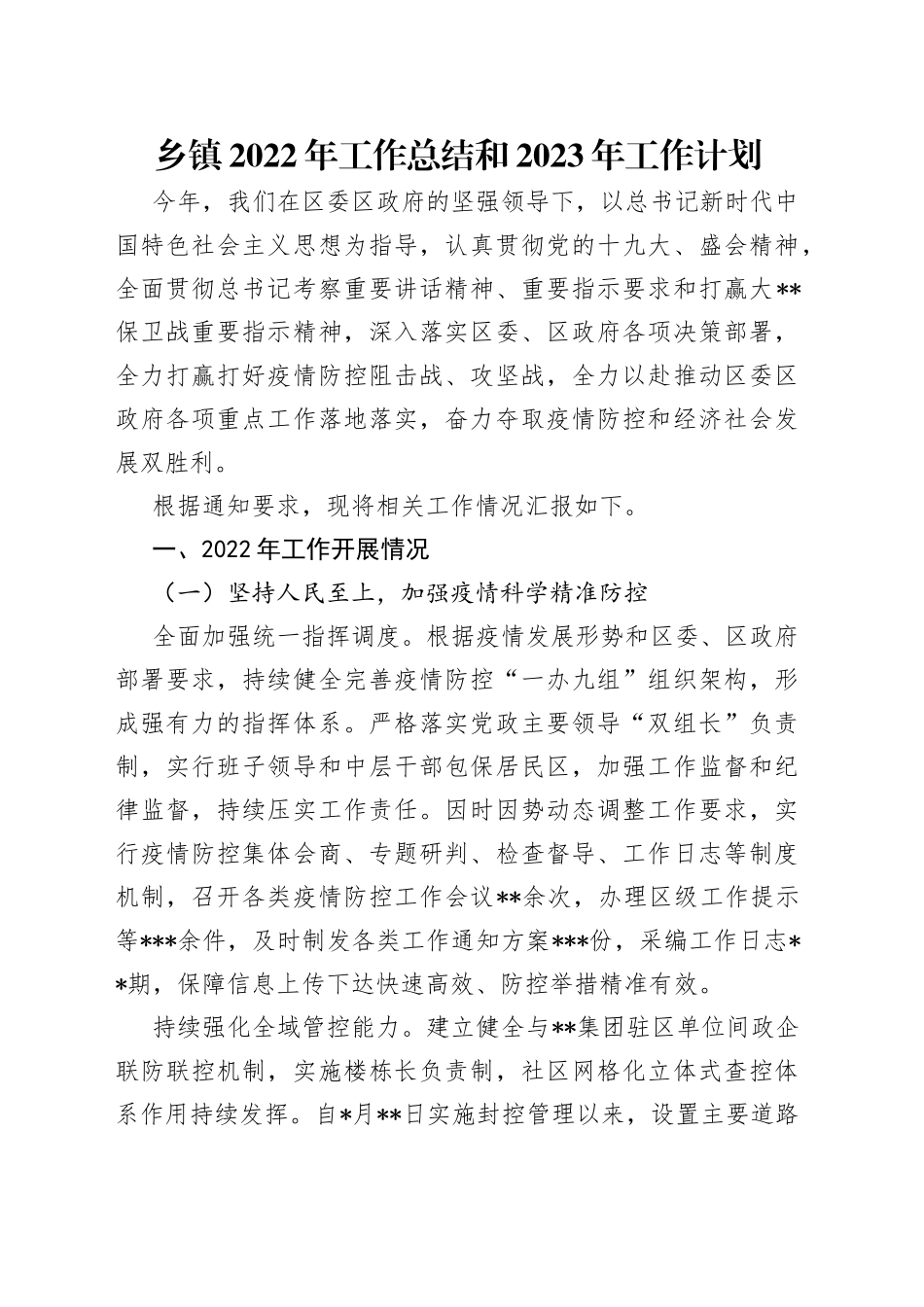 乡镇2022年工作总结和2023年工作计划_第1页