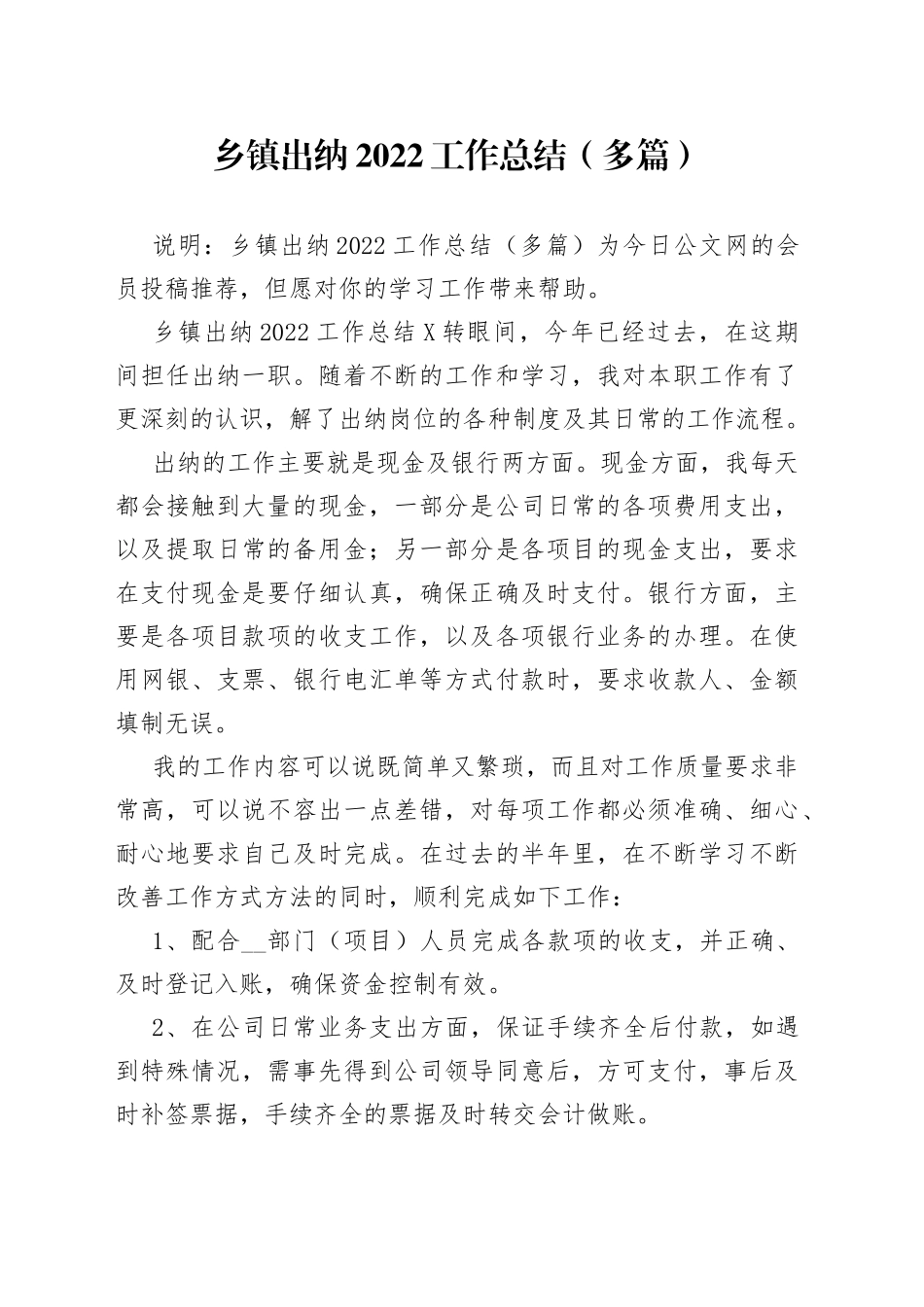 乡镇出纳2022工作总结（多篇）_第1页
