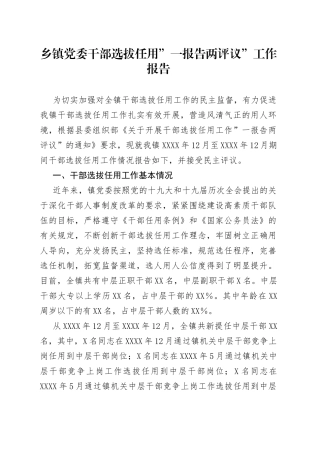 乡镇党委干部选拔任用”一报告两评议”工作报告