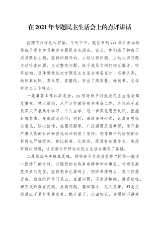 在2021年专题民主生活会上的点评讲话