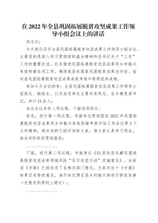在2022年全县巩固拓展脱贫攻坚成果工作领导小组会议上的讲话（1）