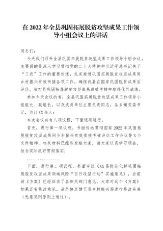 在2022年全县巩固拓展脱贫攻坚成果工作领导小组会议上的讲话（2）