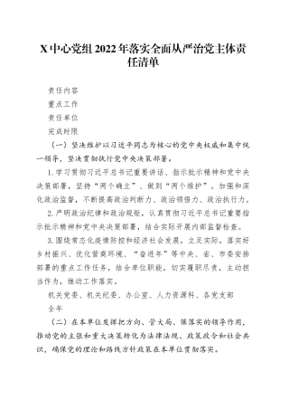 中心党组2022年落实全面从严治党主体责任清单