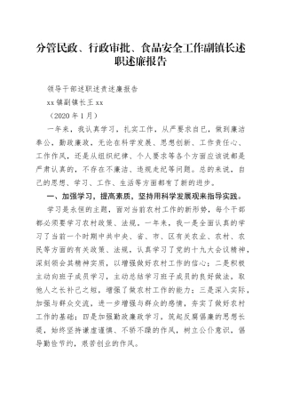 分管民政、行政审批、食品安全工作副镇长述职述廉报告