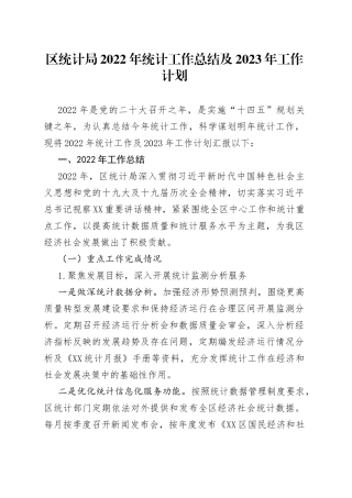 区统计局2022年统计工作总结及2023年工作计划