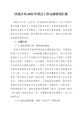 区统计局2022年重点工作完成情况汇报