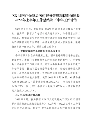 县医疗保障局医药服务管理和待遇保障股2022年上半年工作总结及下半年工作计划