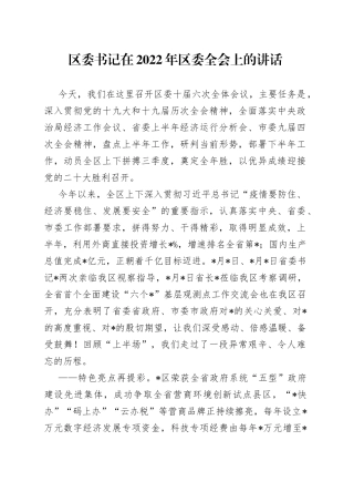 区委书记在2022年区委全会上的讲话