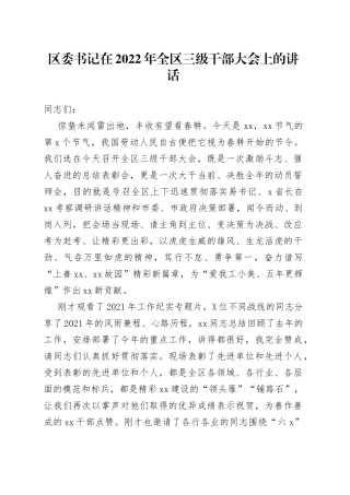区委书记在2022年全区三级干部大会上的讲话