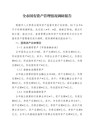 全市国有资产管理情况调研报告