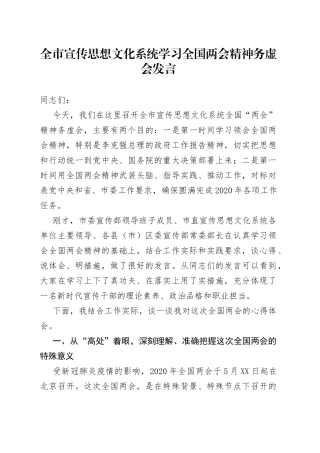 全市宣传思想文化系统学习全国两会精神务虚会发言