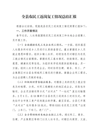 全县农民工返岗复工情况总结汇报