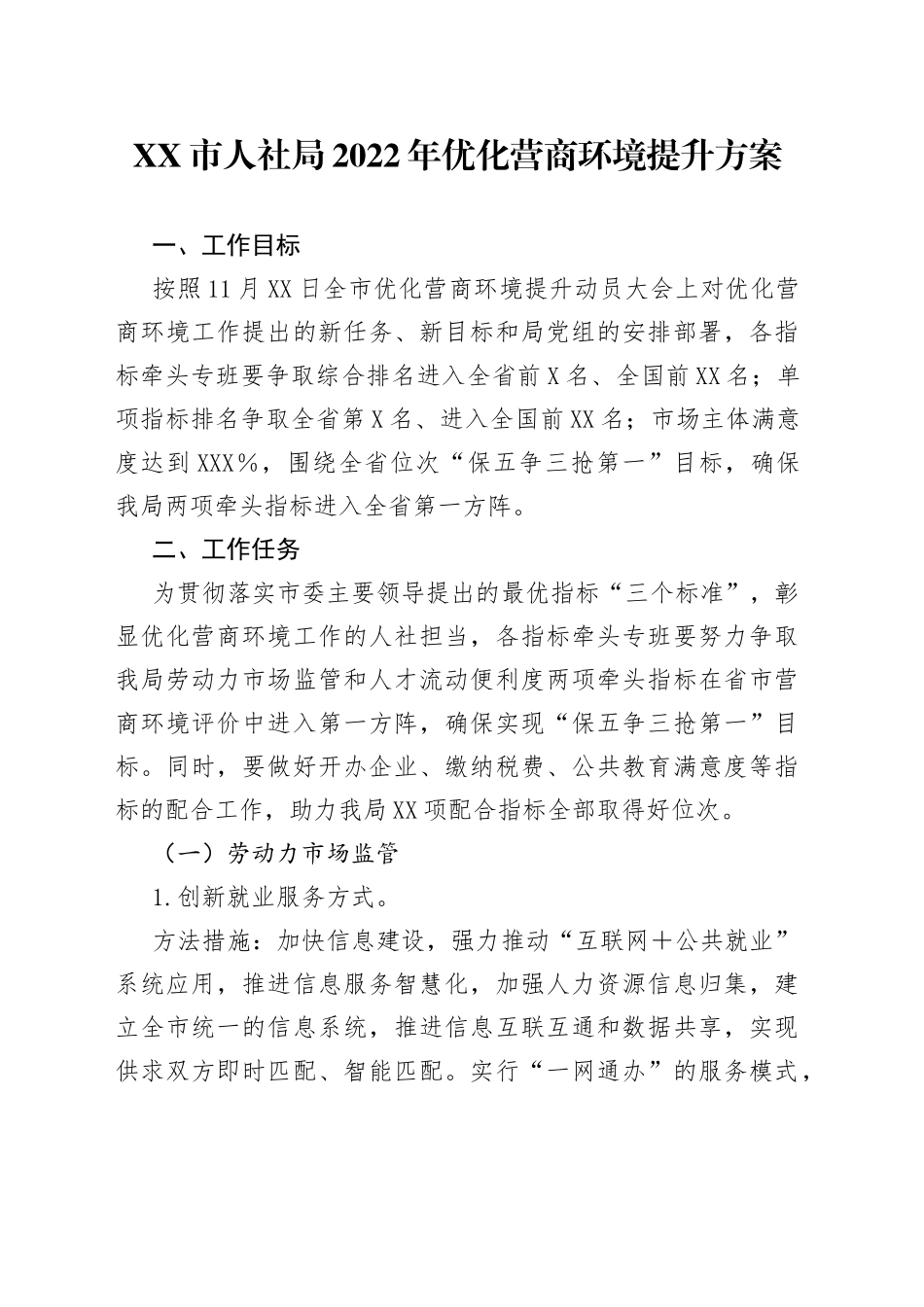 市人社局2022年优化营商环境提升方案_第1页
