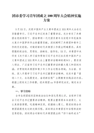 团市委学习青年团成立100周年大会精神实施方案