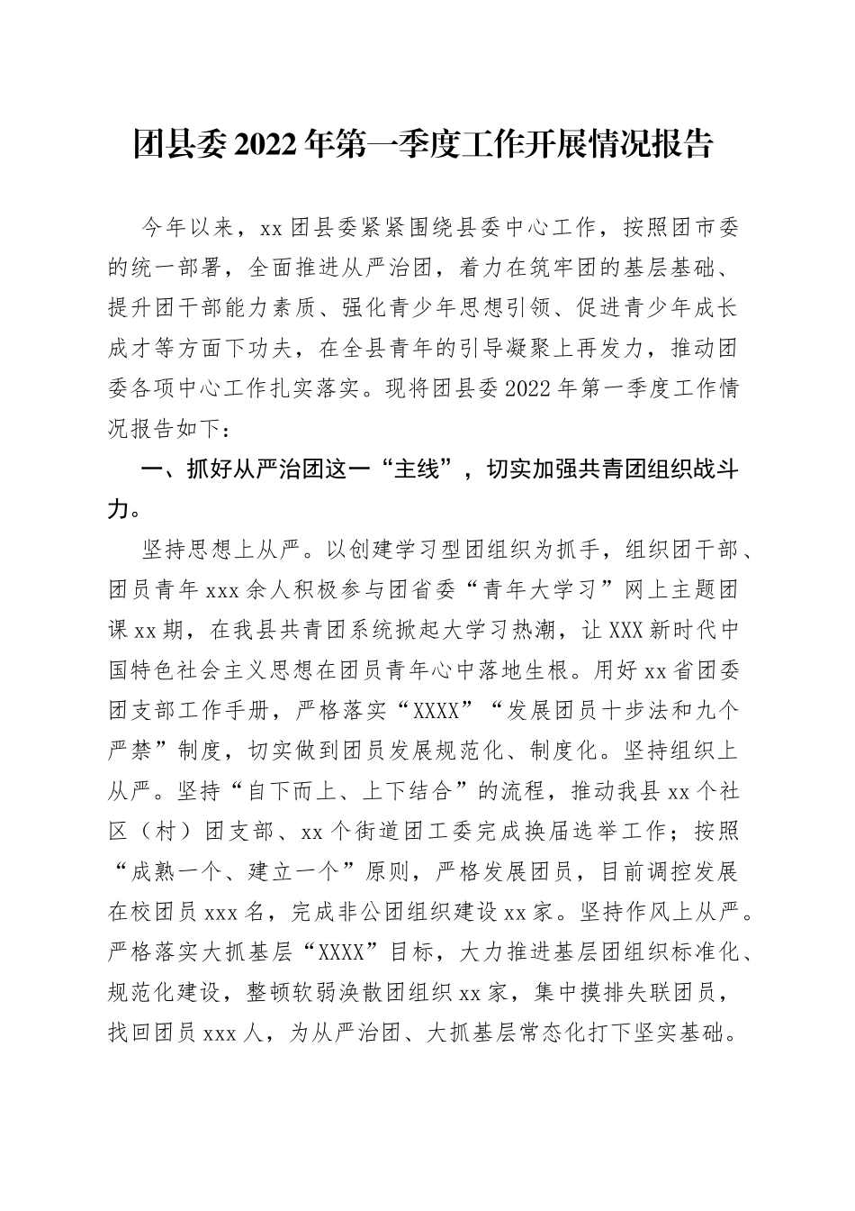 团县委2022年第一季度工作开展情况报告_第1页