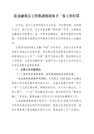 县金融重点工作推进情况及下一步工作打算