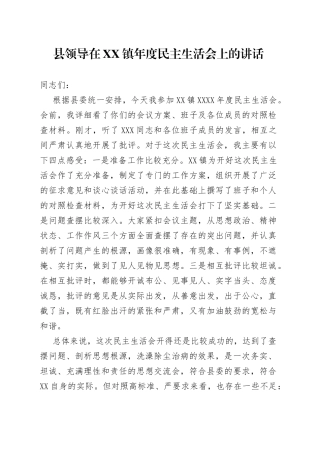 县领导在镇年度民主生活会上的讲话