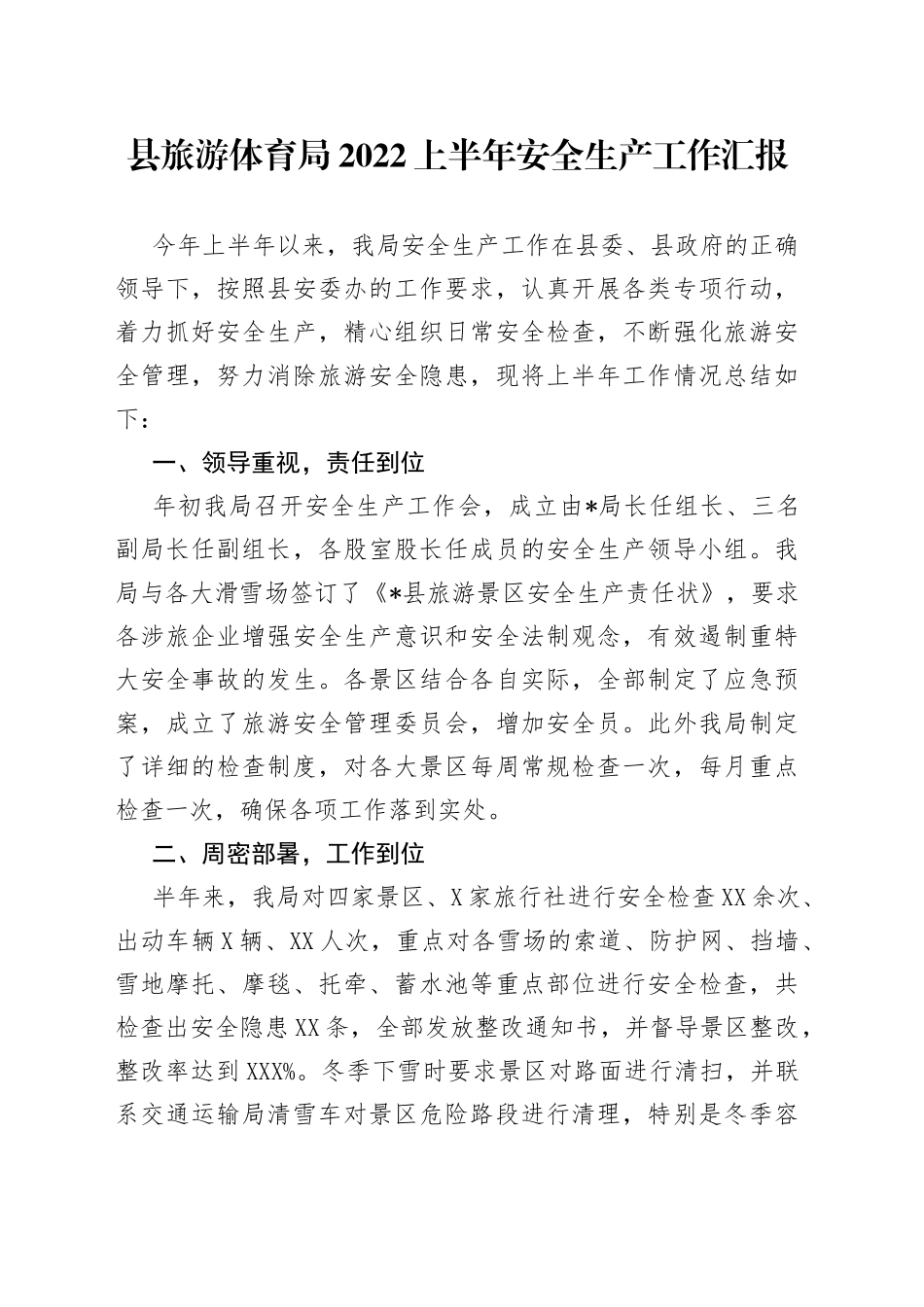 县旅游体育局2022上半年安全生产工作汇报_第1页