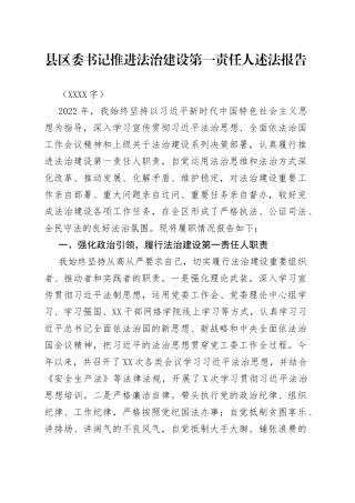 县区委书记推进法治建设第一责任人述法报告