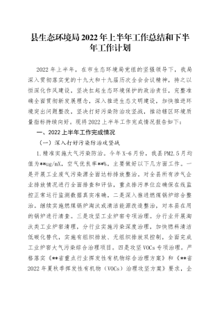 县生态环境局2022年上半年工作总结和下半年工作计划