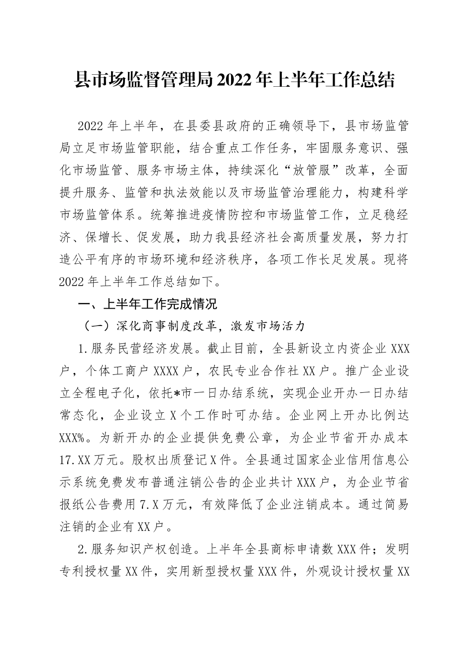 县市场监督管理局2022年上半年工作总结_第1页