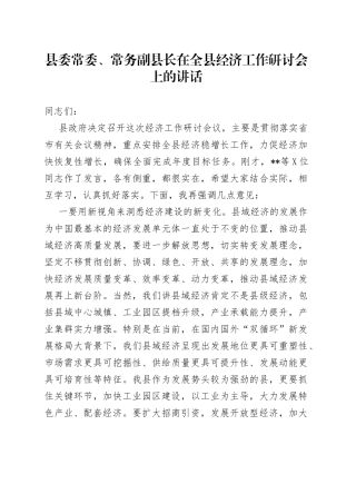县委常委、常务副县长在全县经济工作研讨会上的讲话