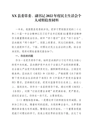 县委常委、副书记2022年度民主生活会个人对照检查材料（1）
