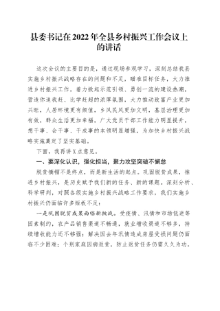 县委书记在2022年全县乡村振兴工作会议上的讲话