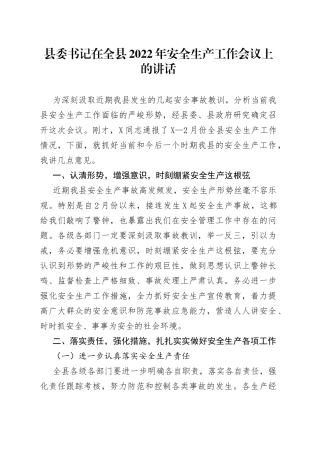 县委书记在全县2022年安全生产工作会议上的讲话