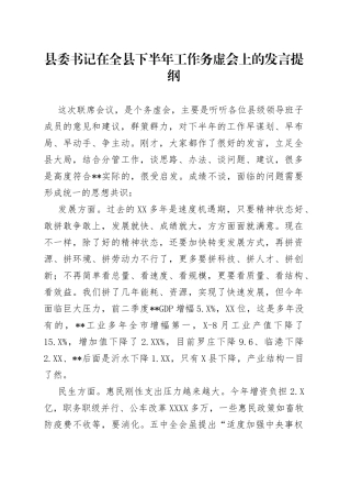 县委书记在全县下半年工作务虚会上的发言提纲
