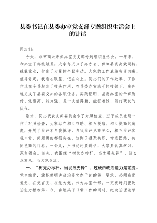 县委书记在县委办室党支部专题组织生活会上的讲话