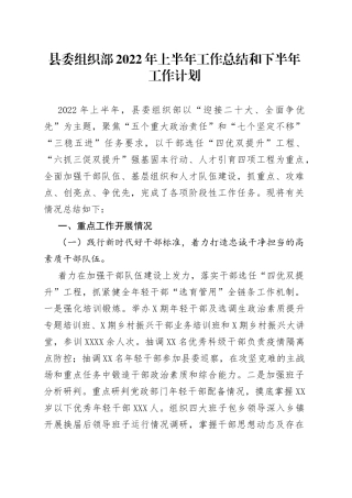 县委组织部2022年上半年工作总结和下半年工作计划