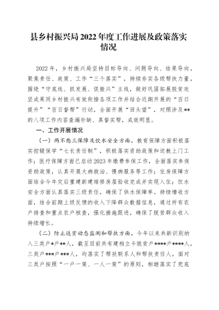 县乡村振兴局2022年度工作进展及政策落实情况