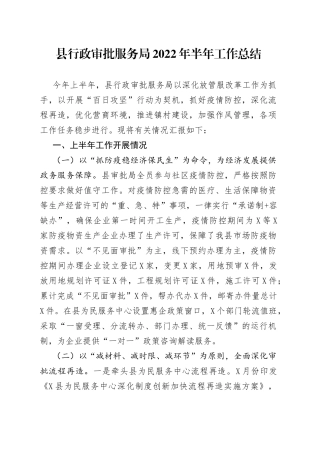 县行政审批服务局2022年半年工作总结