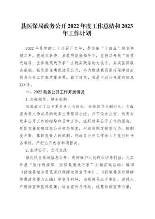 县医保局政务公开2022年度工作总结和2023年工作计划